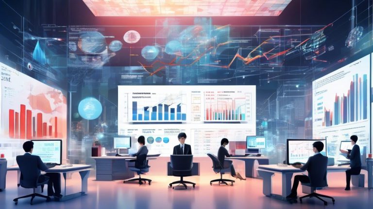An artistic representation of a high-tech financial analysis setting, featuring charts and graphs displaying the annual return rates of the Nomura High-Tec