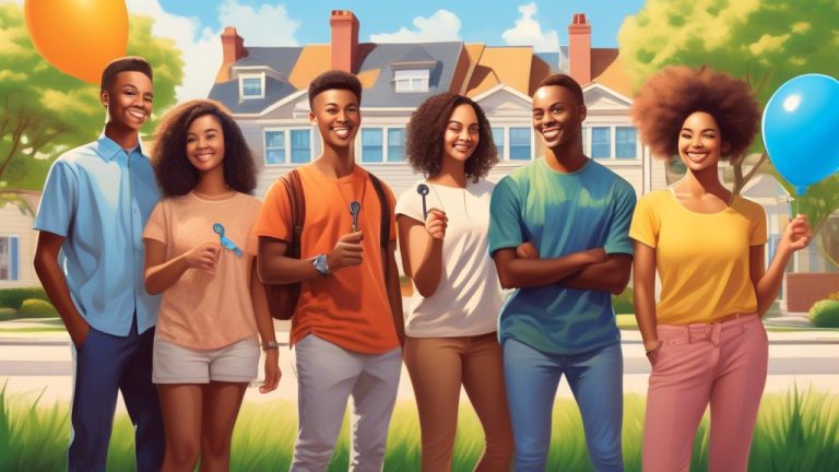 Create an inspirational image depicting a diverse group of young adults, each holding keys to their first homes. They are standing in front of their newly
