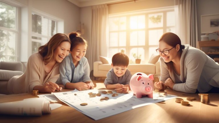 Create an image of a cozy living room with a happy family looking at a house blueprint, surrounded by a piggy bank, stacks of coins, and a calendar marked