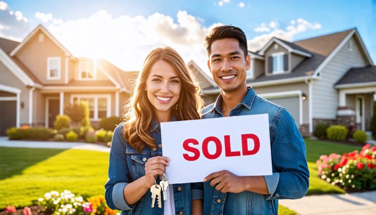 Create an image of a happy young couple standing outside their new home, holding a Sold sign and keys, with a background of a suburban neighborhood. The co