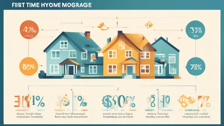 A visually informative infographic illustrating how to calculate first-time homebuyer mortgage interest rates, featuring charts, numbers, and icons of hous