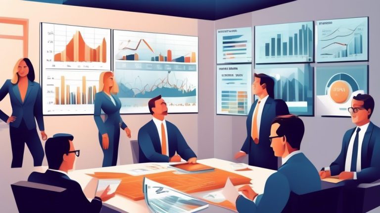 Create an informative illustration showcasing a financial analysis scene featuring high dividend ETFs. Visualize a diverse group of investors discussing ch